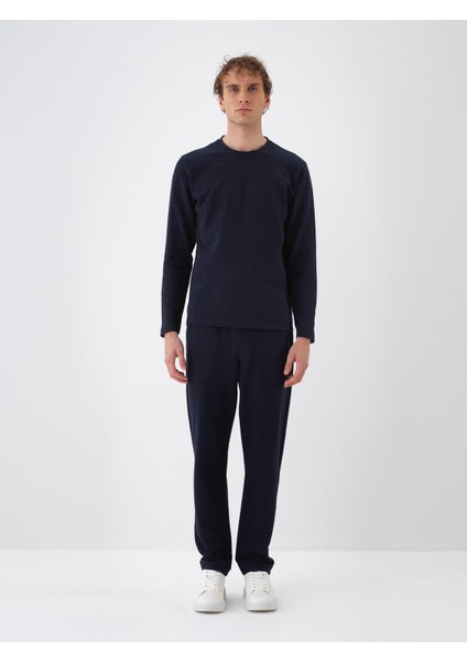 Erkek Lacivert Pamuk Dokulu Regular Fit Uzun Kollu Tişört