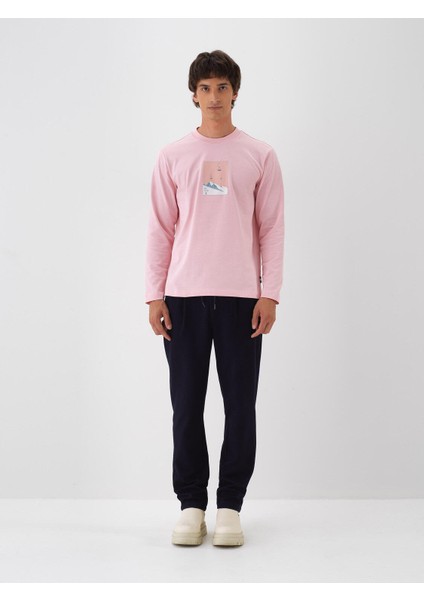 Erkek Pembe Pamuk Dokulu Regular Fit Uzun Kollu Tişört
