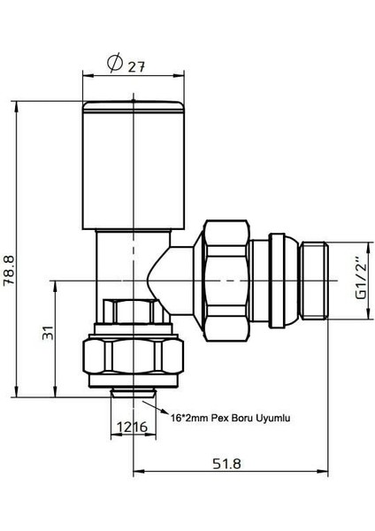 Radyatör Havlupan Vanası Köşe Tip Pex(16*2mm) Krom KVN102