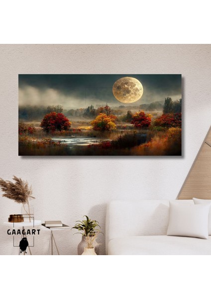 Panoramik Kanvas Duvar Tablosu Dolunay ve Doğa Manzarası
