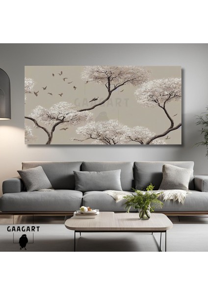 Panoramik Kanvas Duvar Tablosu Kuşlar ve Çizgisel Ağaçlar