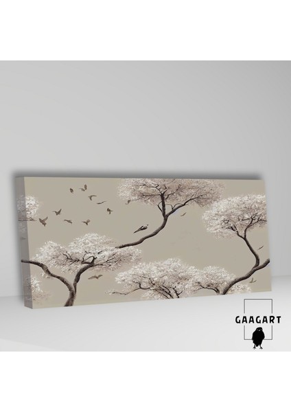 Panoramik Kanvas Duvar Tablosu Kuşlar ve Çizgisel Ağaçlar fiyatları