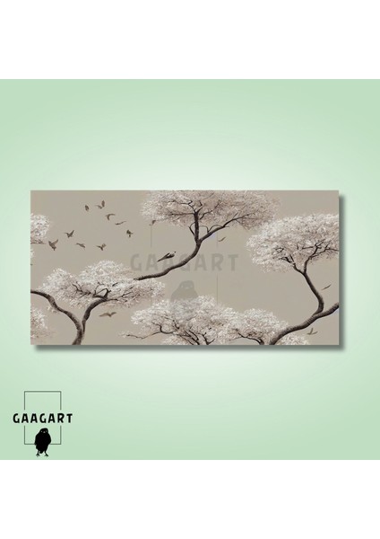 Panoramik Kanvas Duvar Tablosu Kuşlar ve Çizgisel Ağaçlar modelleri