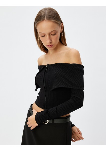 Crop Tişört Uzun Kollu Fermuarlı Fitilli Omzu Açık Slim Fit