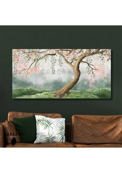 Panoramik Kanvas Duvar Tablosu Pembe Çiçekli Ağaç Illüstrasyonu