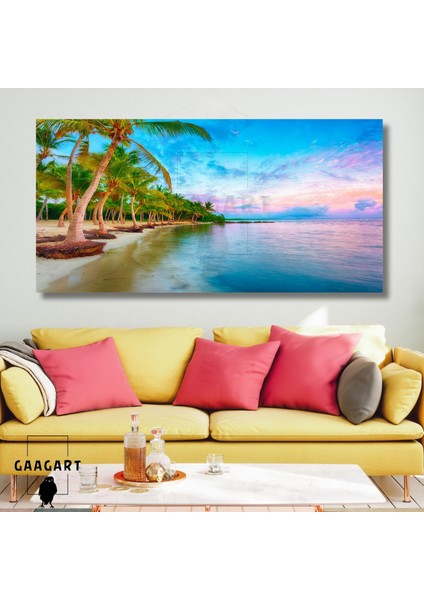 Panoramik Kanvas Duvar Tablosu Köklü Palmiye Ağaçları ve Deniz