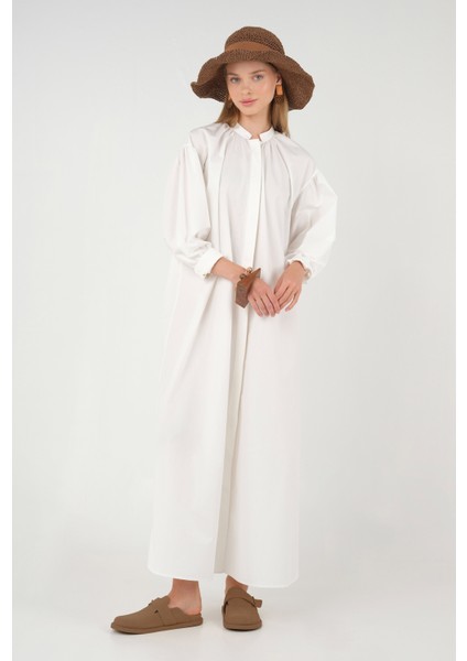 Yakası Büzgülü Poplin Elbise Beyaz