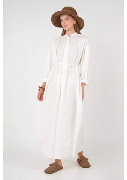 Yakası Büzgülü Poplin Elbise Beyaz modelleri