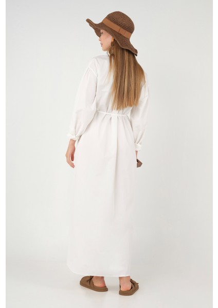 Yakası Büzgülü Poplin Elbise Beyaz fırsatları