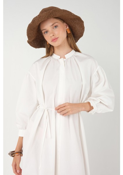 Yakası Büzgülü Poplin Elbise Beyaz indirimleri