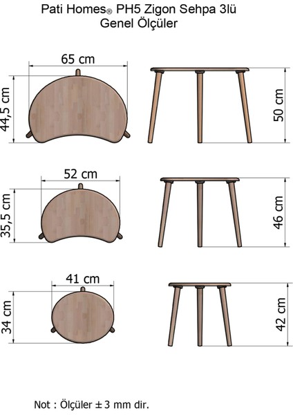 Masif Doğal Ahşap Zigon Sehpa 3'lü Set, Modern Masif Yan Sehpa, Köşe Sehpa Ph5 Ceviz Renk