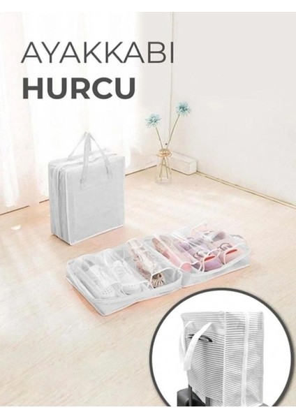 Ayakkabı Hurcu Çizgili 35X22X40 cm 6 Lı Ayakkabı Organizer Valiz Seyahat Ayakkabı Hurcu