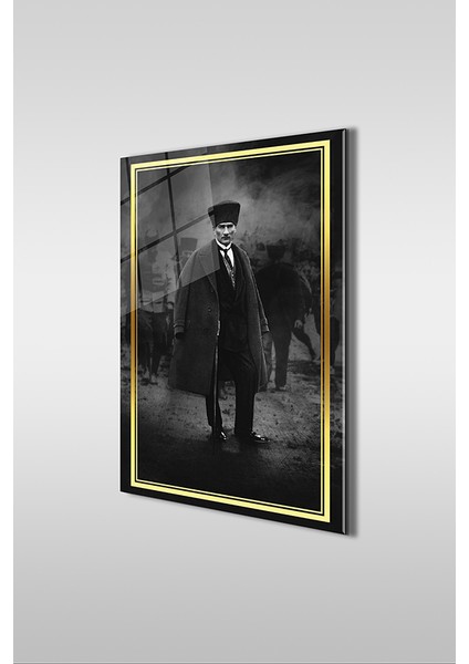 Atatürk Siyah 2 Beyaz Dikey Cam Tablo