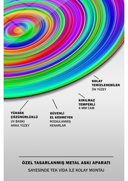 Hipnotik Neon Halkalar Yuvarlak Cam Tablo