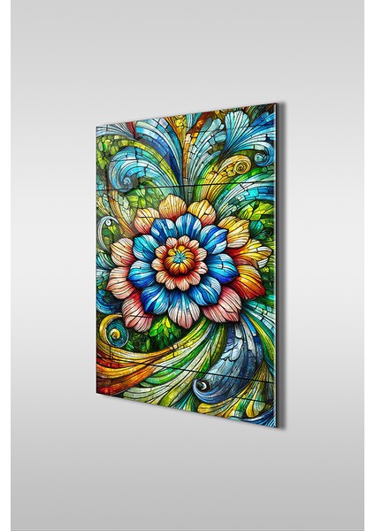 Vitray Stil Çiçekler Dikey Cam Tablo