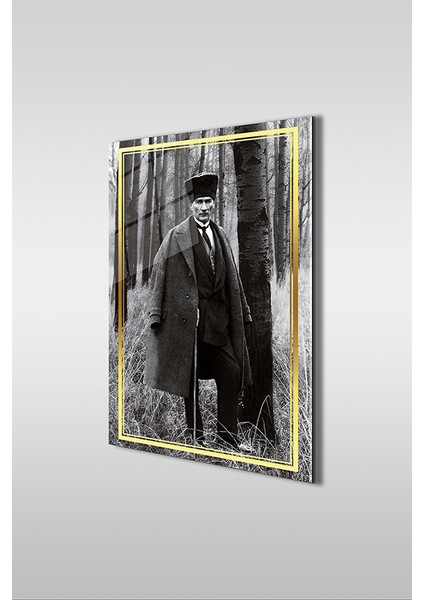 Atatürk Paltolu Siyah Beyaz 2 Dikey Cam Tablo
