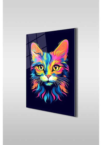 Renkli Kedi Illüstrasyon Dekoratif Dikey Cam Tablo