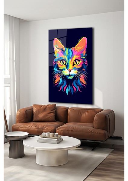 Renkli Kedi Illüstrasyon Dekoratif Dikey Cam Tablo modelleri