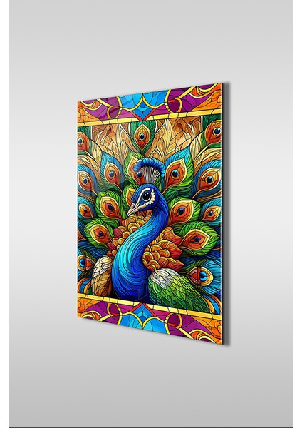 Tavuskuşu Vitray Stil Dikey Cam Tablo