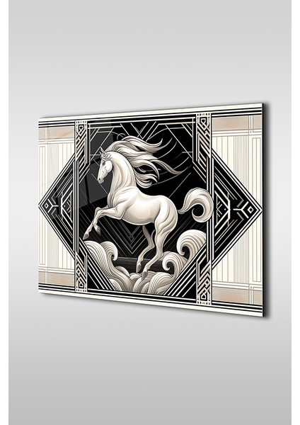 Ihtişamlı Beyaz At Dekoratif Yatay Cam Tablo