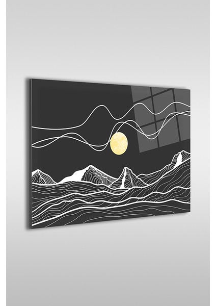 Soyut Çizgisel Dağ Manzarası Dekoratif Yatay Cam Tablo fiyatları