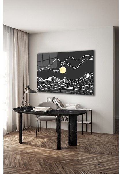 Soyut Çizgisel Dağ Manzarası Dekoratif Yatay Cam Tablo modelleri