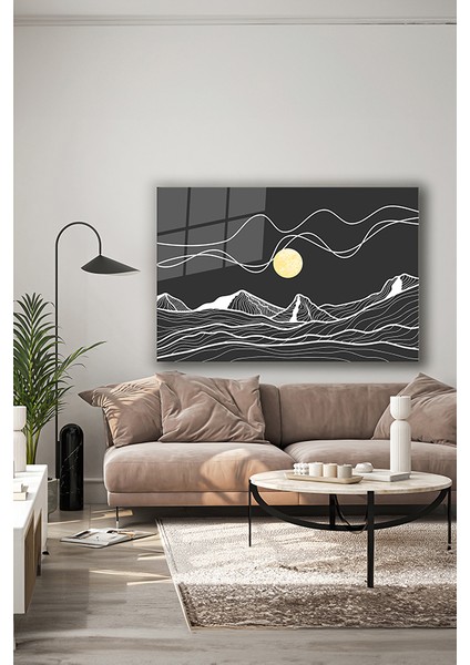 Soyut Çizgisel Dağ Manzarası Dekoratif Yatay Cam Tablo indirimleri