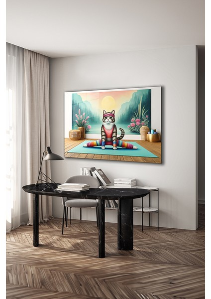 Yogi Kedi Yaratıcı Dekoratif Yatay Cam Tablo modelleri