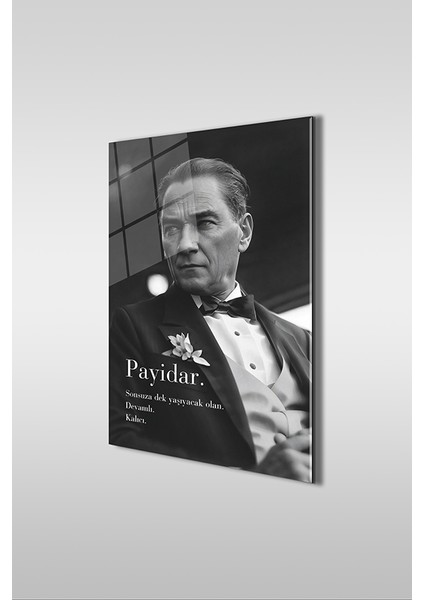 Atatürk Payidar Özel Tasarım Siyah Beyaz Dikey Cam Tablo