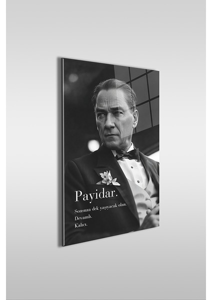Atatürk Payidar Özel Tasarım Siyah Beyaz Dikey Cam Tablo
