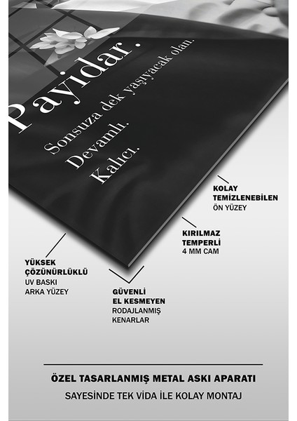 Atatürk Payidar Özel Tasarım Siyah Beyaz Dikey Cam Tablo