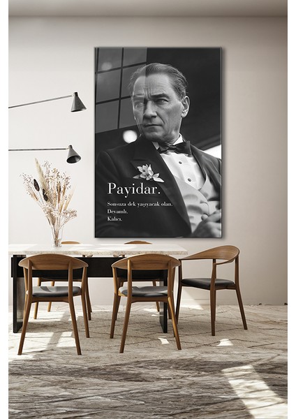 Atatürk Payidar Özel Tasarım Siyah Beyaz Dikey Cam Tablo