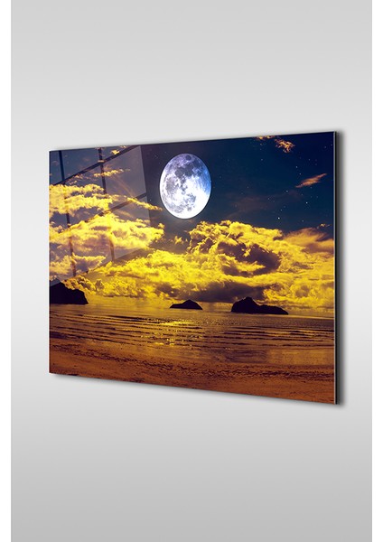 Sarı Alacakaranlık Dolunay Dekoratif Yatay Cam Tablo