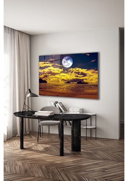 Sarı Alacakaranlık Dolunay Dekoratif Yatay Cam Tablo modelleri