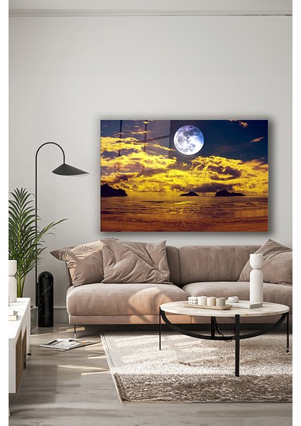 Sarı Alacakaranlık Dolunay Dekoratif Yatay Cam Tablo indirimleri