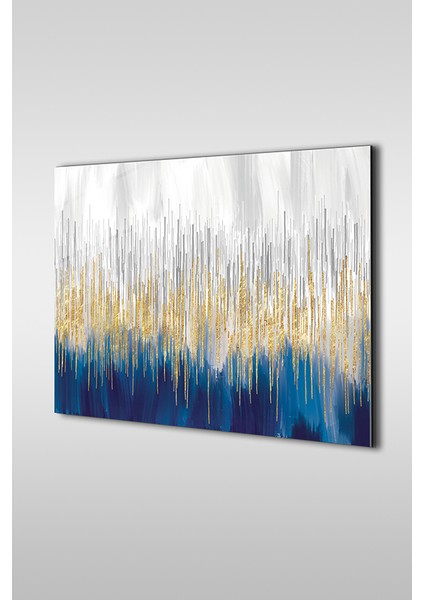Mavi Beyaz Altın Soyut Desen Dekoratif Yatay Cam Tablo