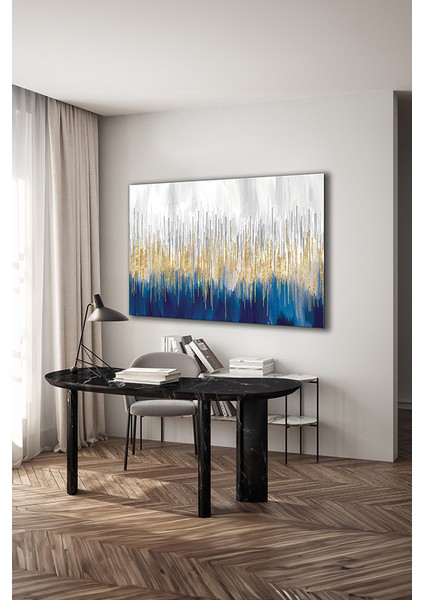 Mavi Beyaz Altın Soyut Desen Dekoratif Yatay Cam Tablo modelleri