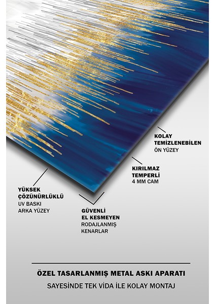 Mavi Beyaz Altın Soyut Desen Dekoratif Yatay Cam Tablo fırsatları