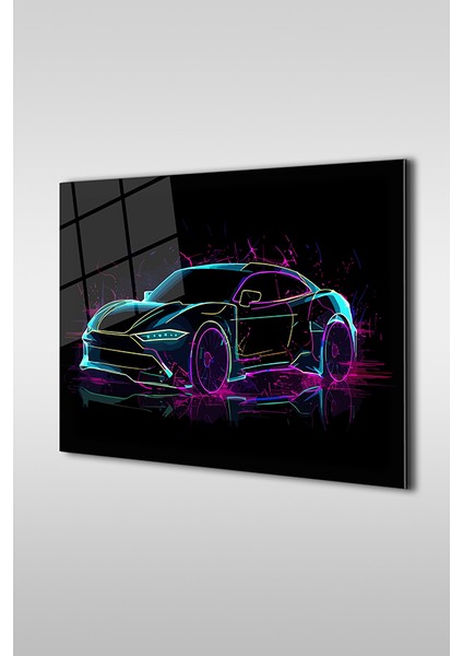 Neon Stil Spor Araba Illustrasyon Yatay Cam Tablo
