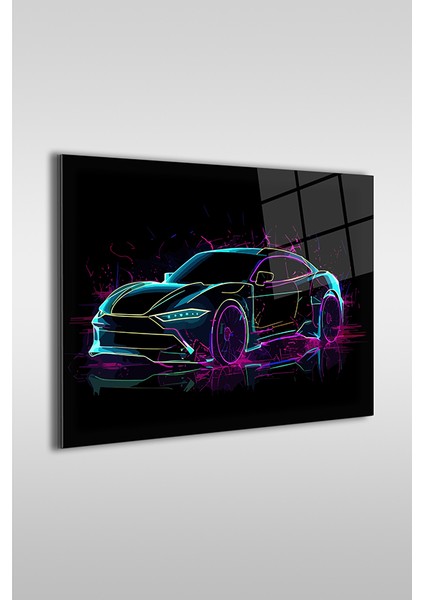 Neon Stil Spor Araba Illustrasyon Yatay Cam Tablo fiyatları