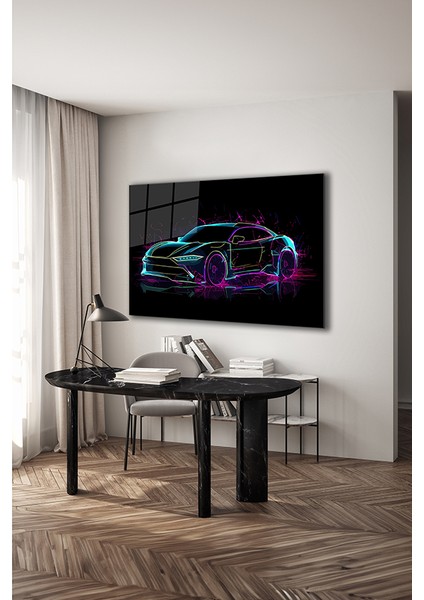 Neon Stil Spor Araba Illustrasyon Yatay Cam Tablo modelleri