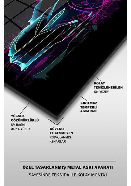 Neon Stil Spor Araba Illustrasyon Yatay Cam Tablo fırsatları