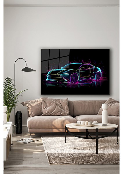 Neon Stil Spor Araba Illustrasyon Yatay Cam Tablo indirimleri