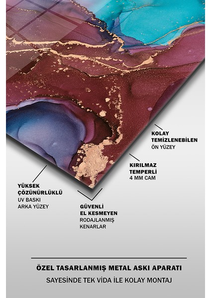 Bordo ve Mavi Soyut Uçuskan Desen Yatay Cam Tablo
