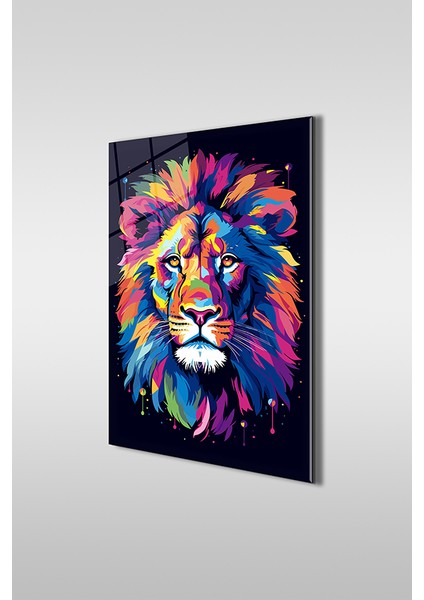 Renkli Aslan Portre Illustrasyon Dikey Cam Tablo