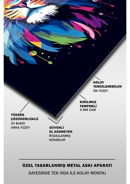 Renkli Aslan Portre Illustrasyon Dikey Cam Tablo