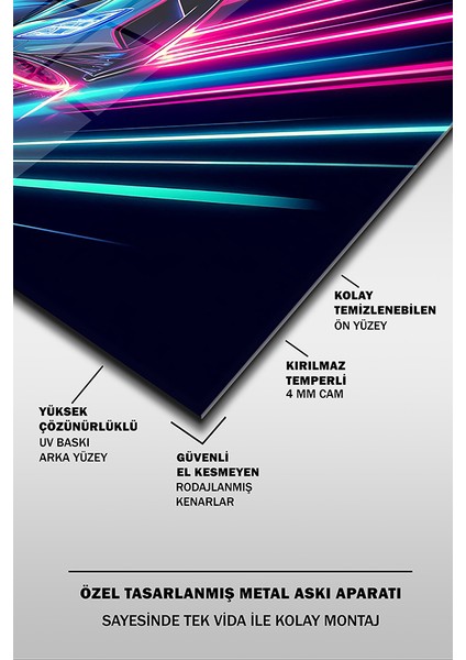 Neon Stil Yarış Arabası Dikey Cam Tablo