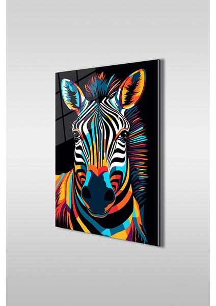Renkli Zebra Illüstrasyon Dekoratif Dikey Cam Tablo