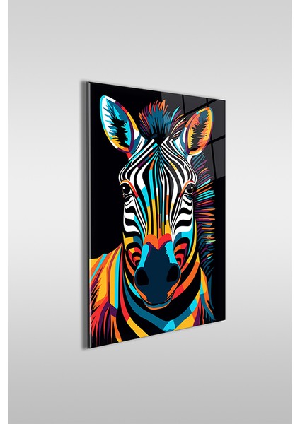 Renkli Zebra Illüstrasyon Dekoratif Dikey Cam Tablo fiyatları