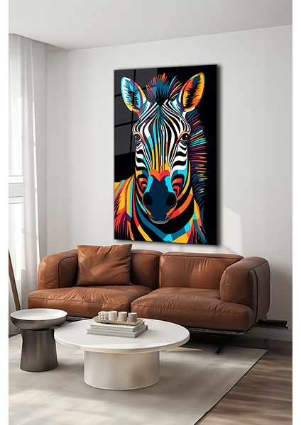 Renkli Zebra Illüstrasyon Dekoratif Dikey Cam Tablo modelleri